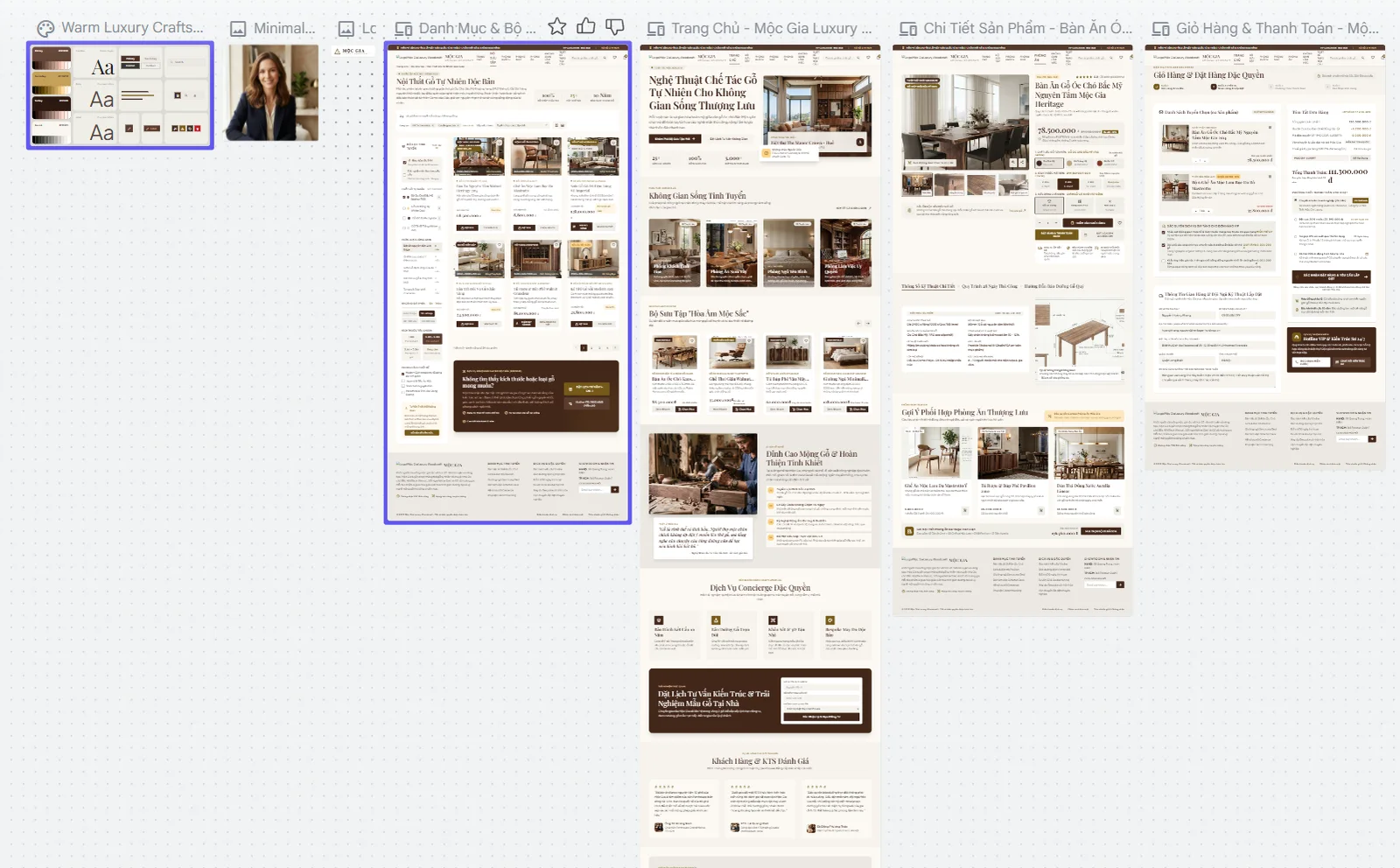 Ảnh chụp thật Google Stitch tạo đồng bộ nhiều màn hình website nội thất cao cấp